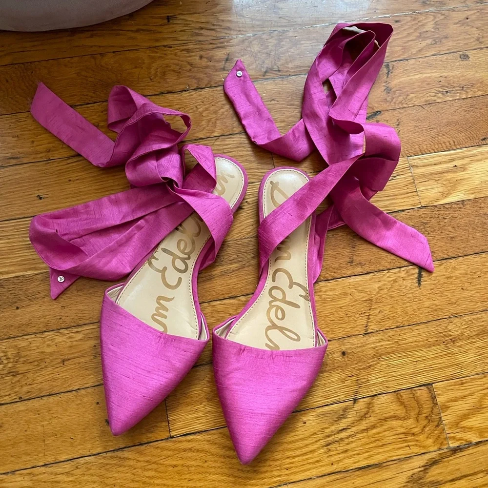 Sam Edelman Pink Satin Pointed Toe Ankle Tie Flats